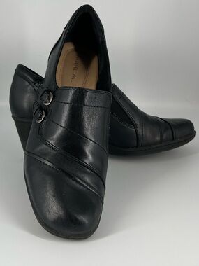 Michel M Fig Black Leather Slip-On Women's Loafers with Side Buckles